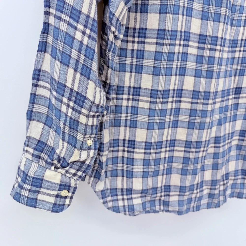J Crew Slim Fit Blue Plaid Linen Button Down Shirt XL F0850